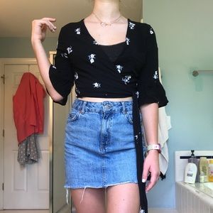 Black Embroidered Wrap Top